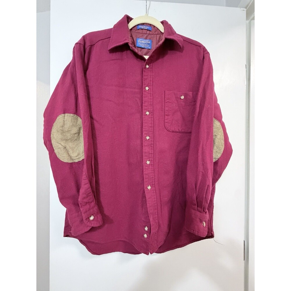 PENDLETON Vintage Elbow Patch Long Sleeve Virgin Wool Button Up Shirt Size Red M